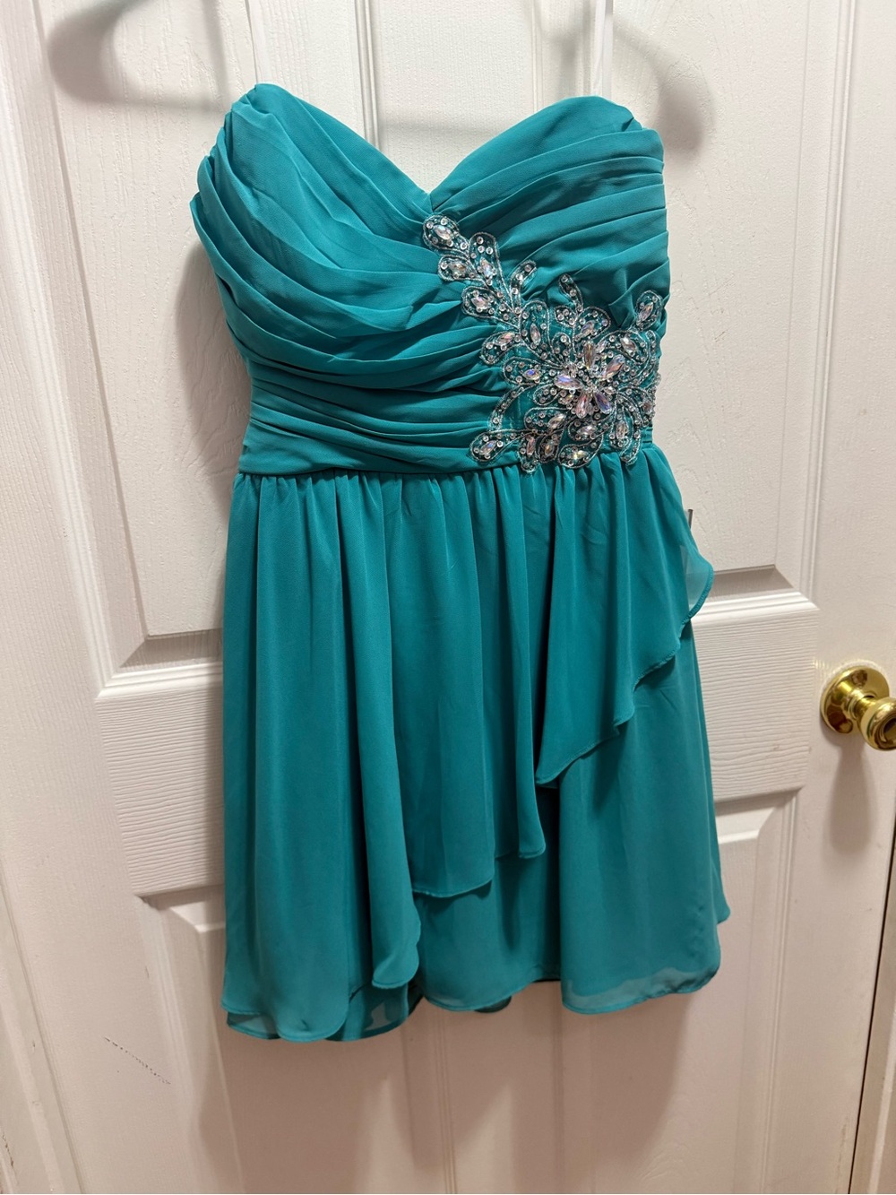 B Darlin Teal Strapless Chiffon Cocktail Dress with Crystal Applique